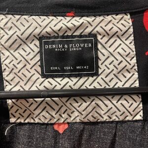 Denim & Flower Black Shirt with Red Floral Design